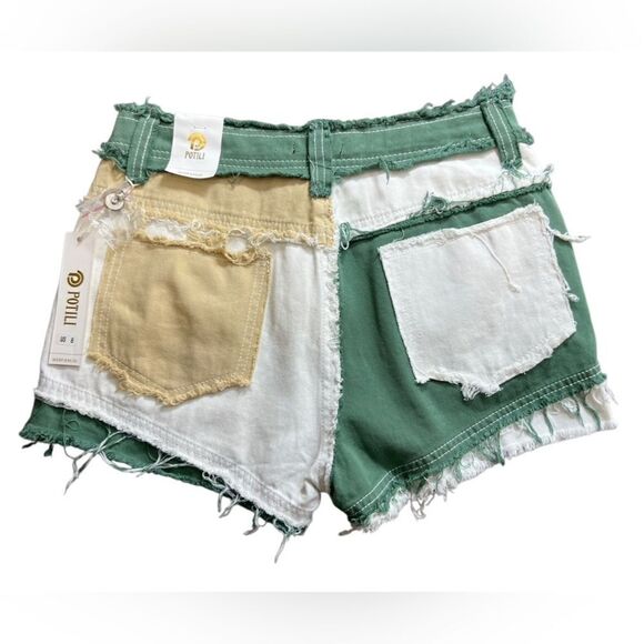 Potili High Waisted Distressed Color Block Denim Shorts size 8 - Picture 3 of 14